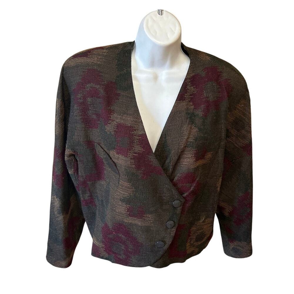 Vtg Tweed Cropped Blazer Brn Burgundy Double Breasted 12 Womens,MICHII MOON
